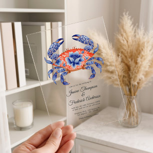 Invitations En Acrylique Navy et Corail Floral Crabe Côtes Nautiques Mariag