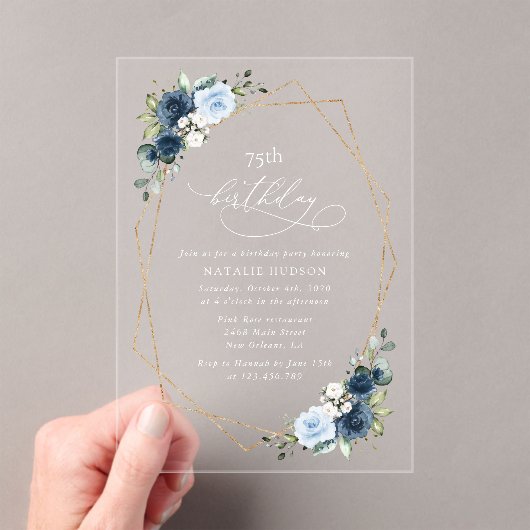 Invitations En Acrylique Navy Flowers, Blue Flowers, Greenery, Birthday (In situ (ordinateur de poche))