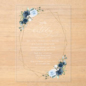 Invitations En Acrylique Navy Flowers, Blue Flowers, Greenery, Birthday (Recto)