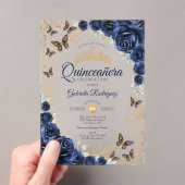 Invitations En Acrylique Navy Gold Floral Quinceanera (In situ (ordinateur de poche))