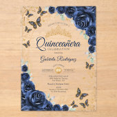 Invitations En Acrylique Navy Gold Floral Quinceanera (Recto)
