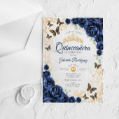 Invitations En Acrylique Navy Gold Floral Quinceanera