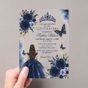 Invitations En Acrylique Navy Or Fleur Papillon Princesse Quinceañera