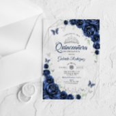 Invitations En Acrylique Navy Silver Floral Quinceanera