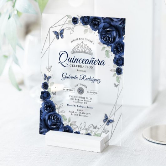 Invitations En Acrylique Navy Silver Floral Quinceanera