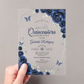 Invitations En Acrylique Navy Silver Floral Quinceanera (In situ (ordinateur de poche))