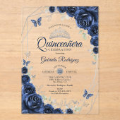 Invitations En Acrylique Navy Silver Floral Quinceanera (Recto)