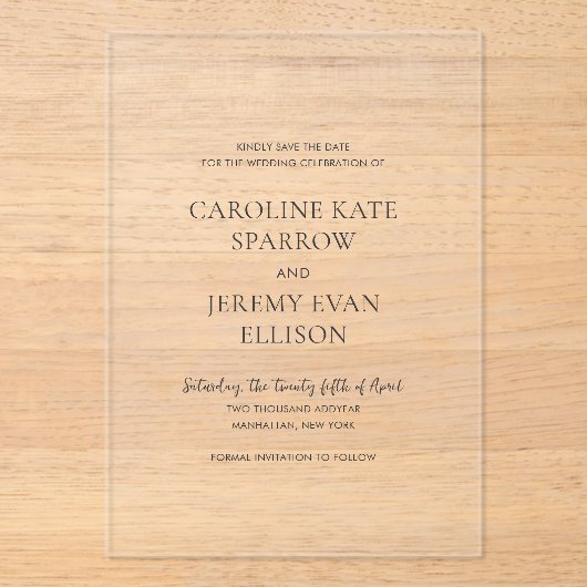 Invitations En Acrylique Nettoyer mariage élégant Enregistrer la date (Recto)