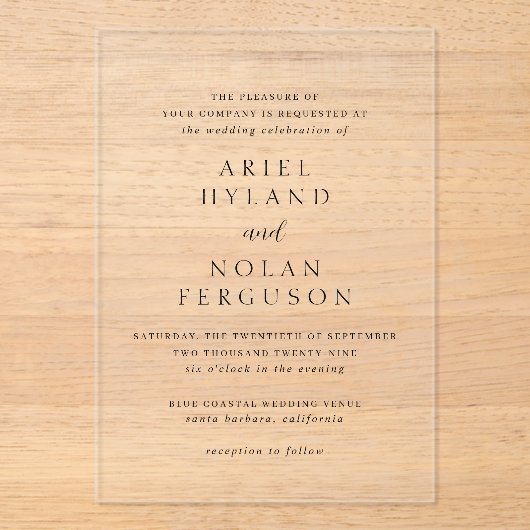 Invitations En Acrylique Nettoyer noir et blanc Mariage moderne (Recto)