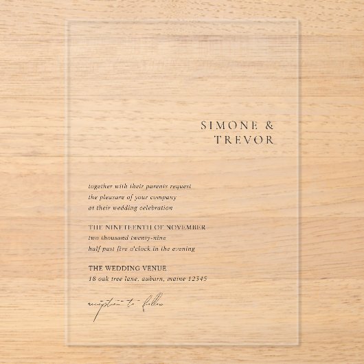 Invitations En Acrylique Nettoyer noir et blanc Mariage moderne (Recto)