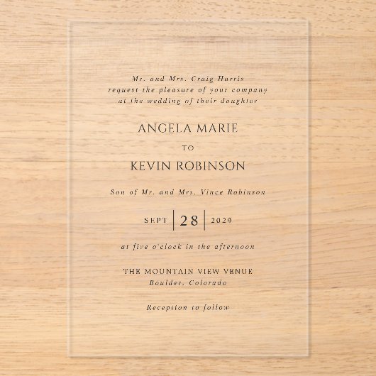 Invitations En Acrylique Nettoyer noir et blanc Mariage moderne (Recto)