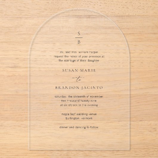 Invitations En Acrylique Nettoyer noir et blanc Monogramme Mariage moderne (Recto)