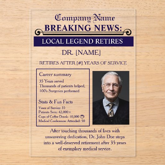 Invitations En Acrylique Newspaper Style Doctor Retirement Card | Custom (Recto)