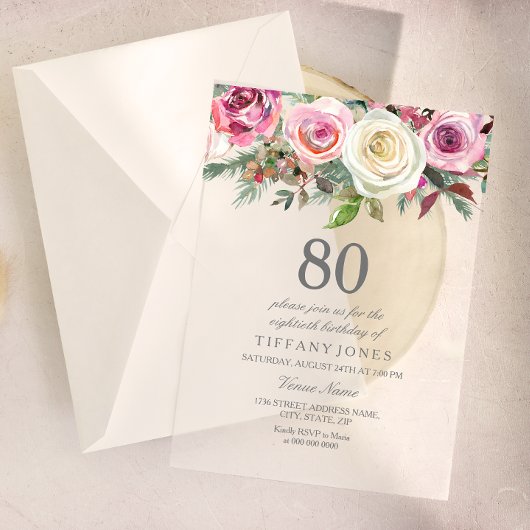 Invitations En Acrylique N'importe quel âge Rose blanche Floral 80e anniver