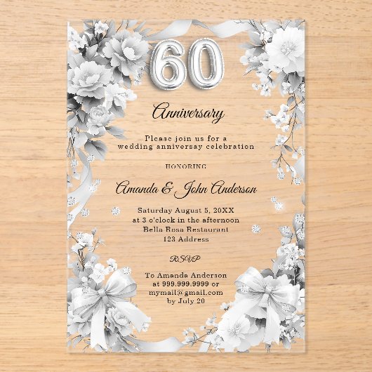 Invitations En Acrylique noces d'argent 60 ans fleurs rubans (Recto)