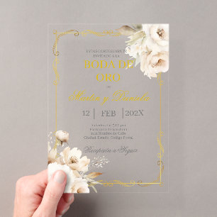 Invitations En Acrylique Noces d'or avec fleur blanche