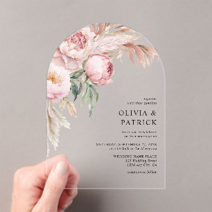 Invitations En Acrylique Noces florales boho roses pivoines et herbe de pam