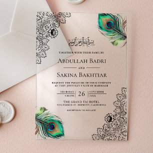 Invitations En Acrylique Noces Musulmanes aux Plumes de Paon Vintage