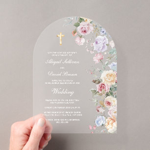 Invitations En Acrylique Noces religieuses à l'arche de roses à l'aquarelle
