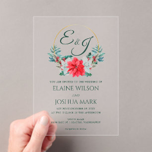 Invitations En Acrylique Noël Berry Poinsettia Mariage de monogramme de cou
