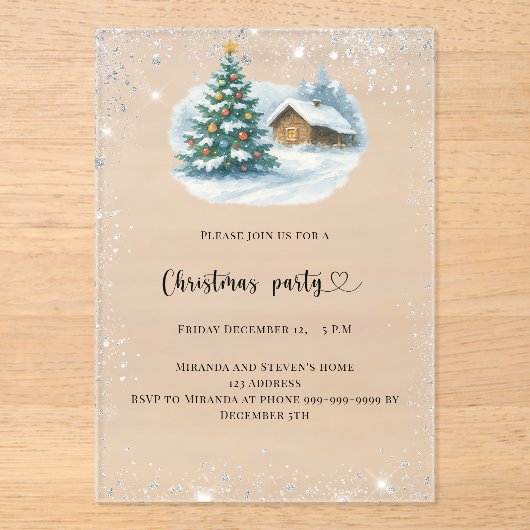 Invitations En Acrylique Noël fête argent neige maison gelée (Recto)