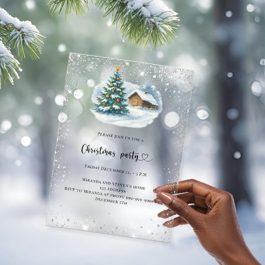 Invitations En Acrylique Noël fête argent neige maison gelée