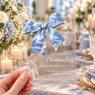 Invitations En Acrylique Noël fête ruban bleu blanc toile de Jouy française