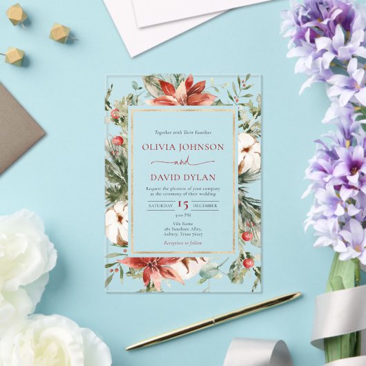 Invitations En Acrylique Noël moderne hiver Rouge or Mariage vert (Insitu (Mariage))