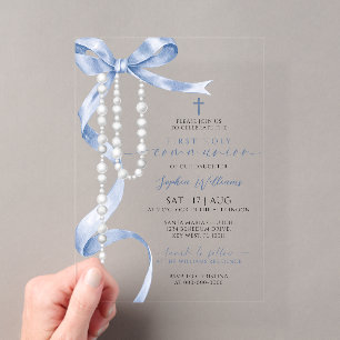 Invitations En Acrylique Nœud Bleu Élégant & Rosaire Première Sainte Commun