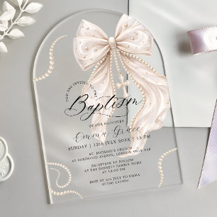 Invitations En Acrylique Nœud Coquette Élégant avec Perles Luxe Baptême