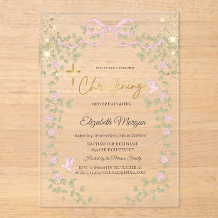 Invitations En Acrylique Nœud de fleurs sauvages pailleté d'or Baptême Croi