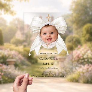 Invitations En Acrylique Nœud en Ivoire Perles Photo Fille luxe Baptême
