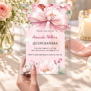 Invitations En Acrylique Nœud floral rose clair pour Quinceanera