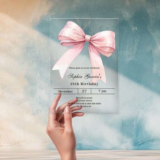 Invitations En Acrylique Nœud rose clair de luxe pour anniversaire