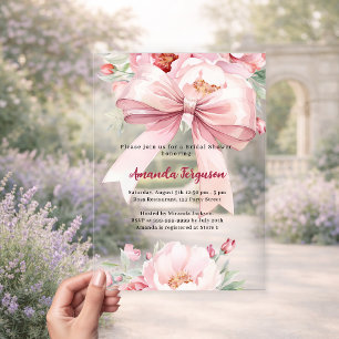 Invitations En Acrylique Nœud rose floral élégant Mariage Shower clair