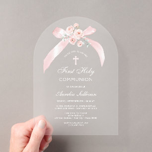 Invitations En Acrylique Nœud rose floral Première Sainte Communion
