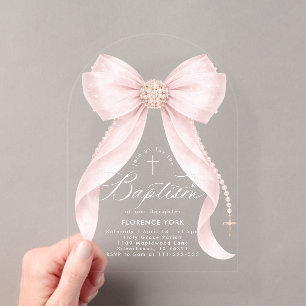 Invitations En Acrylique Nœud Rose Pâle Perles Bébé Fille Baptême Religieux