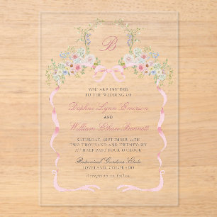 Invitations En Acrylique Nœuds et Fleurs Monogrammés pour Mariage