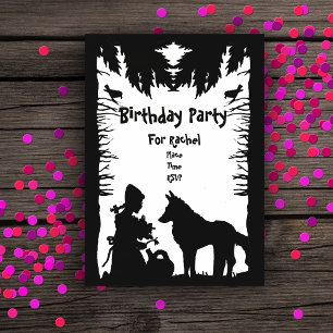 Invitations En Acrylique Noir Blanc Riding Hood Wolf Trees Anniversaire
