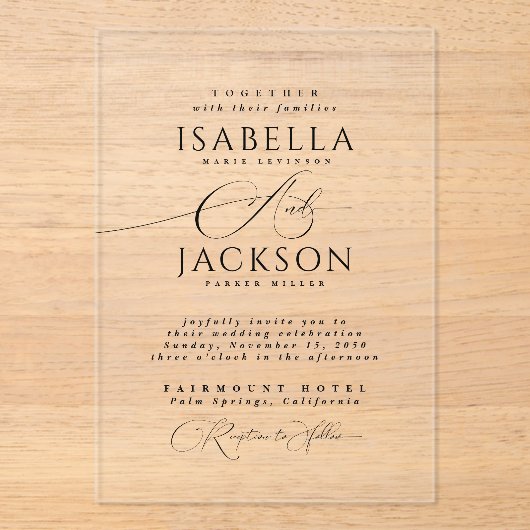 Invitations En Acrylique Noir Chic Moderne Clair Mariage de script (Recto)