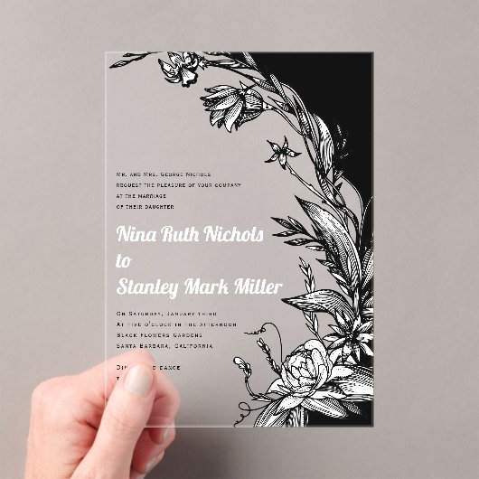 Invitations En Acrylique Noir et fleurs, typographie mariage floral (In situ (ordinateur de poche))