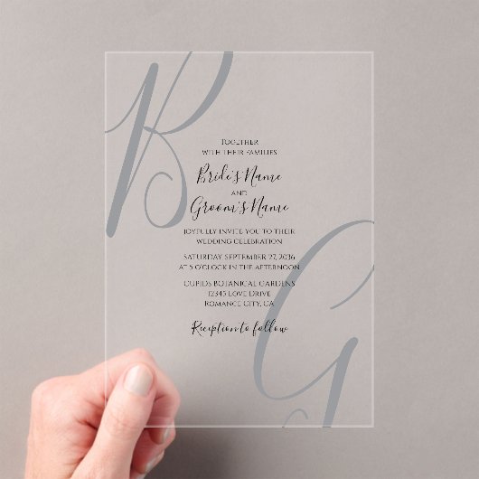 Invitations En Acrylique Noir gris clair Mariage Initiales Monogramme (In situ (ordinateur de poche))
