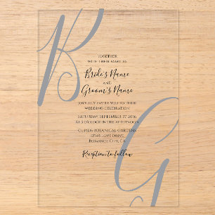Invitations En Acrylique Noir Gris Clair Monogramme Initiales Mariage