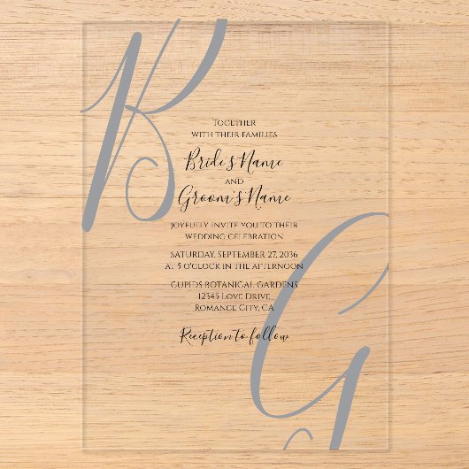 Invitations En Acrylique Noir Gris Clair Monogramme Initiales Mariage (Recto)