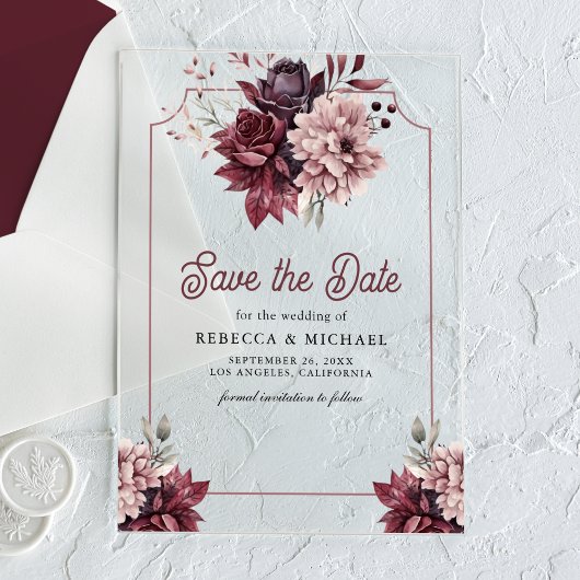 Invitations En Acrylique Noir Moody Floral Frame Wedding Enregistrer la dat
