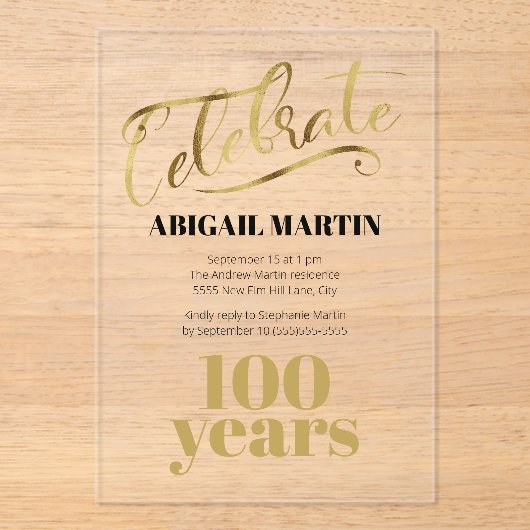 Invitations En Acrylique Noir Or 100e Anniversaire Acrylique clair (Recto)