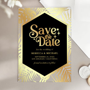 Invitations En Acrylique Noir Or Tropical Mariage Palmier Enregistrer la Da