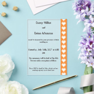 Invitations En Acrylique Nos cœurs 8 bits en acrylique orange pour mariage