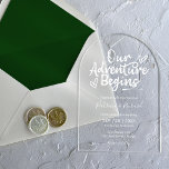 Invitations En Acrylique Notre aventure commence Mariage Chic Rustique<br><div class="desc">Nos magnifiques cartons d'invitation de mariage sont faciles à personnaliser avec vos détails, et vos invités les adoreront. Personnalisez-les avec vos informations pour impressionner tout le monde. Si vous avez des demandes spéciales, n'hésitez pas à discuter avec nous. REMARQUE IMPORTANTE : Pour obtenir de l'aide sur les commandes, l'expédition, les...</div>