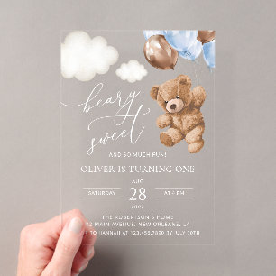 Invitations En Acrylique Nounours, Ballons Bleus, Premier Anniversaire